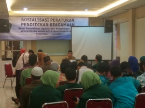 Acara sosialisasi bidang pendidikan keagamaan yang di gelar di Rumah Makan Telaga Seafood, BSD City, Kota Tangerang Selatan, Selasa (7/7/2015).