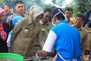 Setu- Walikota Tangsel,Airin saat melihat kegiatan pengelolahan ikan  dalam acara Gemari, rabu (20/11)DT